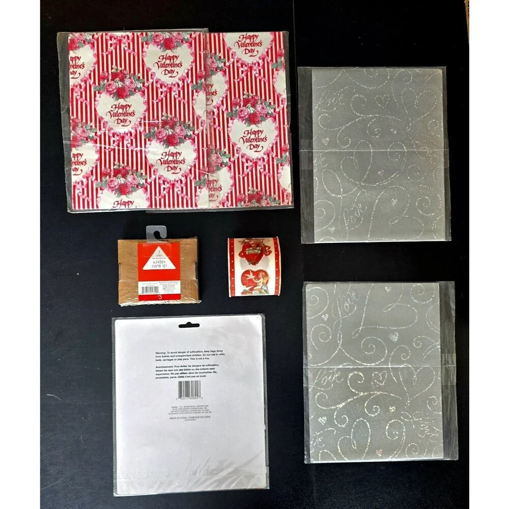 Valentine Lot of Vintage Gift Wrapping Paper and Ribbon. Heart Doilies Stamp Set